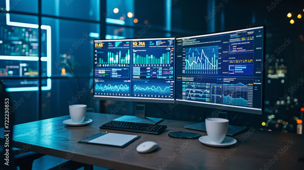 high-tech workstation with multiple computer monitors displaying graphs and analytical data high-tech workstation with multiple computer monitors displaying graphs and analytical data