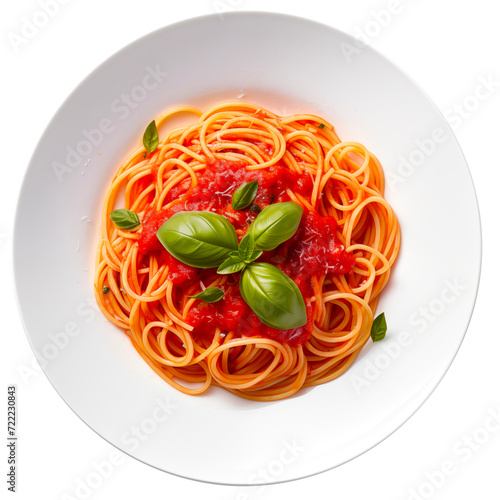 spaghetti tomato sauce on a white plate and a transparent background with a top view.