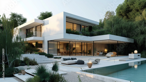 a modernist white mansion with a minimalist landscape and geometric forms. 
 photo