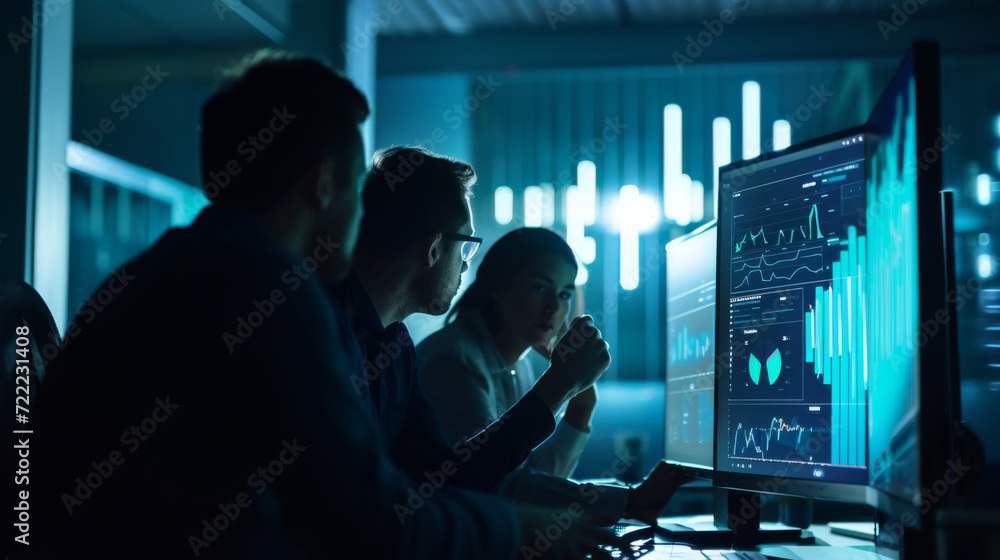 individuals are analyzing financial data on multiple computer screens in a dark room illuminated by the glow of the monitors individuals are analyzing financial data on multiple computer screens in a dark room illuminated by the glow of the monitors