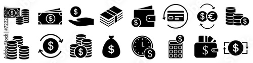 Money line icons. Set of Banking, Wallet and Coins signs. Credit card, Currency exchange and Cashback service. Euro and Dollar symbols. Quality design elements. Editable stroke. Vector
