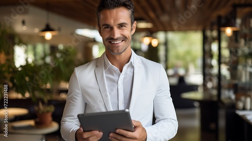Portrait of handsome businessman using digital tablet while standing 