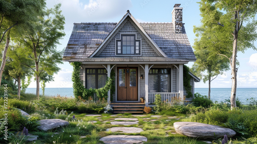  A small coastal cottage with weathered shingles and a welcoming front porch.
