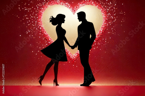 Black silhouette of man and woman couple in love on a red shiny heart background.Valentine's Day, Love, Wedding concept.