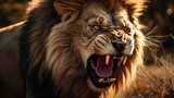 Majestic male lion with open mouth, a fierce, roaring jungle king AI Generated Pro Photo