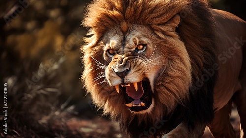 A stunning shot of a roaring lion during sunset in the African savanna. Generative AI Pro Photo