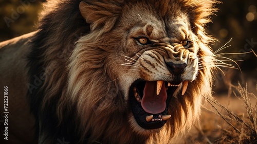 Majestic male lion with open mouth  a fierce  roaring jungle king AI Generated Pro Photo