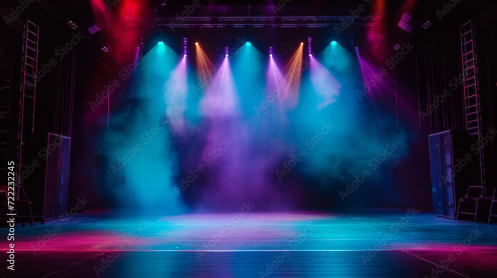 The Stage Awaits - An empty stage under vibrant stage lights and theatrical fog, setting the scene for an upcoming performance - obrazy, fototapety, plakaty 
