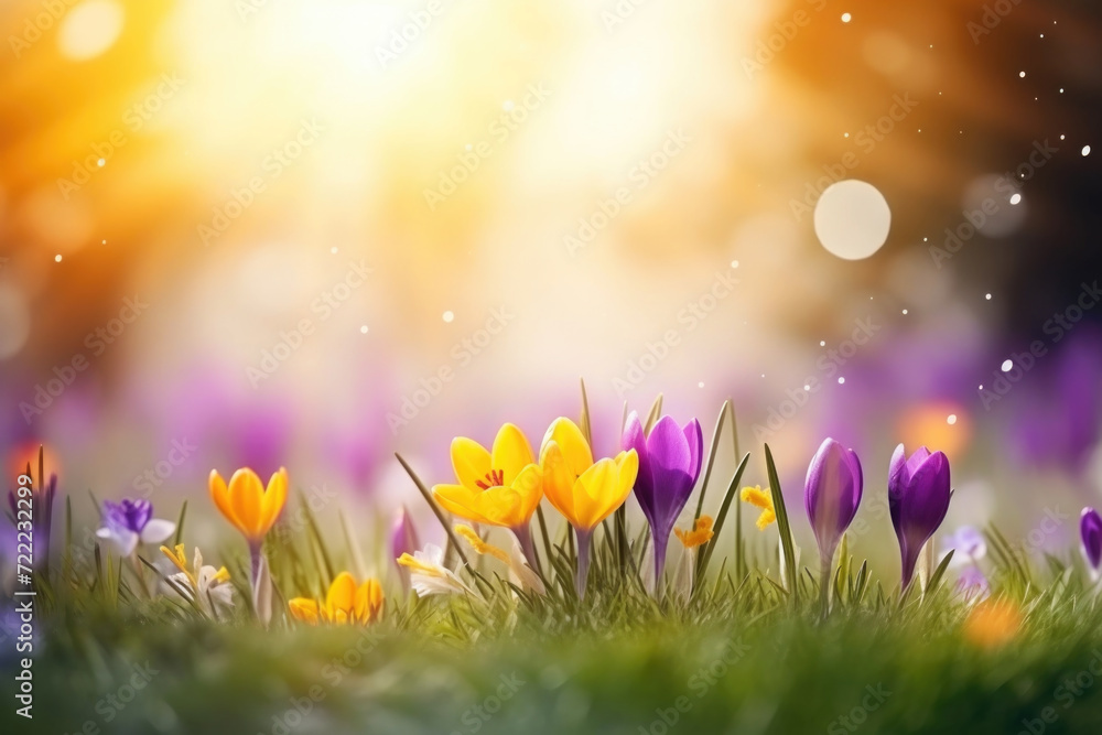 Fototapeta premium The first spring saffron flowers blooming in the field