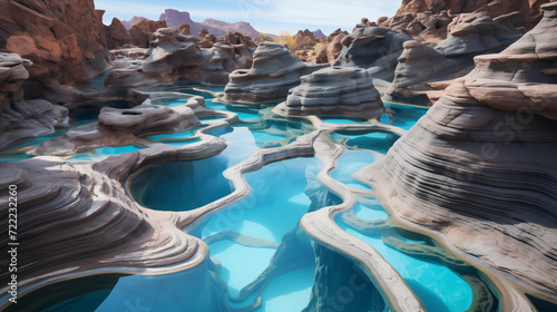 a series of natural turquoise pools surrounded by rocky formations. The pools are of varying sizes and shapes  resembling terraced formations.