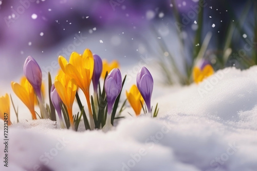 The first spring saffron flowers blooming under the snow in the field  © pilipphoto