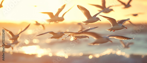 Flock of Seagulls Soaring Gracefully at Golden Hour Over Glistening Waters © Alienmonster Images