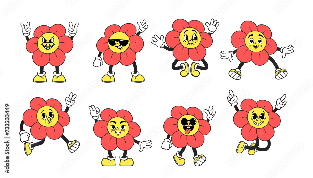 Obraz premium Cartoon Groovy Retro Flowers Emoji Exudes Vibrant Nostalgia, Featuring Stylized Weird Blossoms Reminiscent Of The 60s