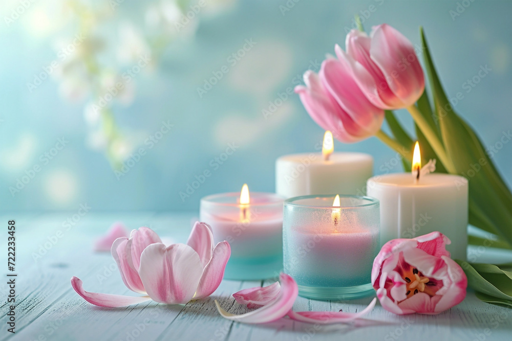 Pink yellow tulip flowers, lit candles on rustic wooden background. Greeting card