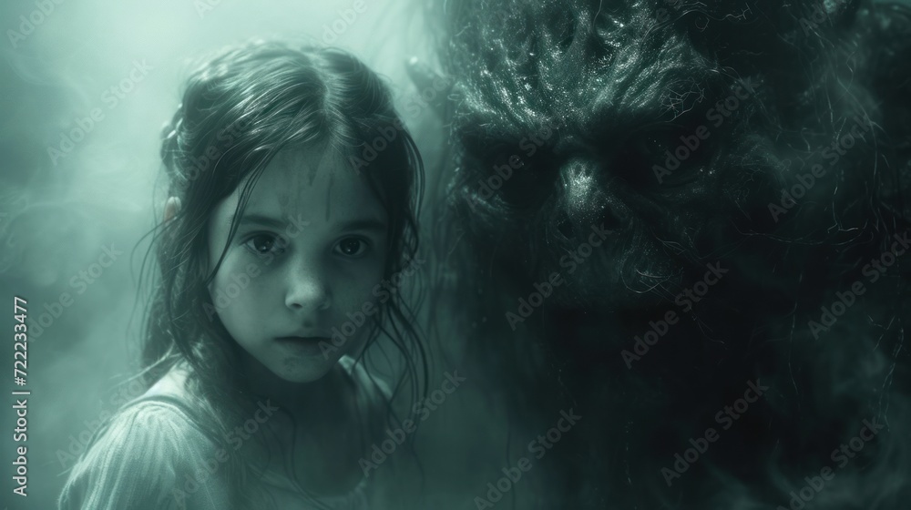 Concept of love and horror in a scary world. A little girl, captivated by a magnificent mythical ghost, stands in awe next to the majestic creature