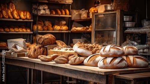 Fresh baked bread on bakery showcase, wheat products - AI generated image