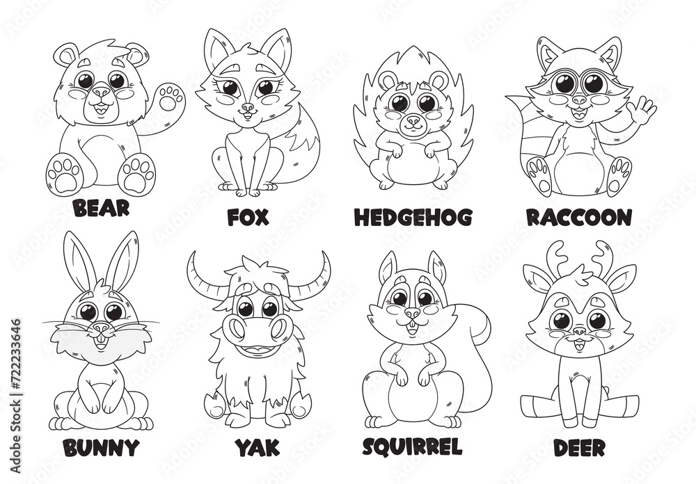 Fototapeta premium Cartoon Forest Animal Characters Outline Monochrome Vector Icons Set. Cute Bear, Fox, Hedgehog and Raccoon, Bunny, Yak