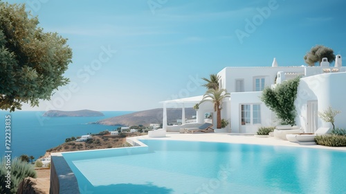 Traditional mediterranean white house with pool on hill with stunning sea view. Summer vacation background.