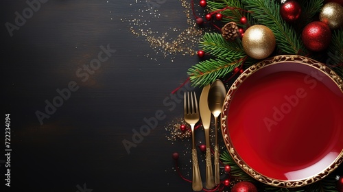 Christmas table arrangement with white plates red napkin cutlery gift box and decoration chistmas celebretion background photo