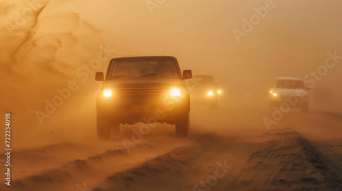 Vehicles cautiously navigating a road during a dust storm, with headlights barely piercing through the thick dust photo