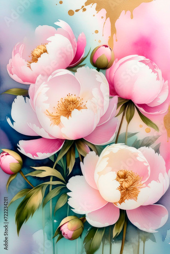 Delicate watercolor peonies flowers and green leaves.