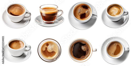 Collection of a freshly brewed cup of espresso, placed elegantly on a white background, highlighting the contrast and simplicity. Transparent background, PNG