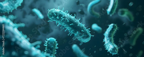 Abstract 3d banner of floating bacteria, microbes, virus cells on blurred blue background with copy space. Close up render of covid, flu, infection disease. Сoncept for hospitals, clinics, medicine. photo