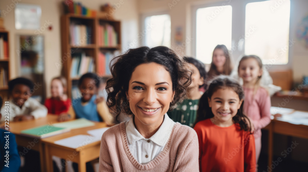 Smiling female teacher and her multiethnic classroom of kids Smiling female teacher and her multiethnic classroom of kids