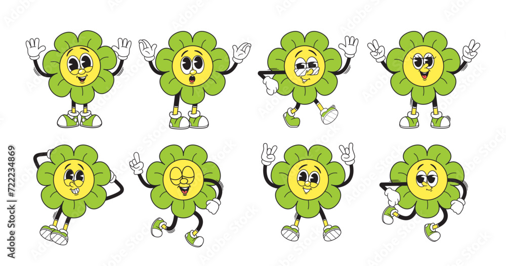 Obraz premium Groovy Retro Flowers Emojis. Cartoon Vibrant Burst Of Nostalgic Charm, Blending Funky Colors And Whimsical Petals