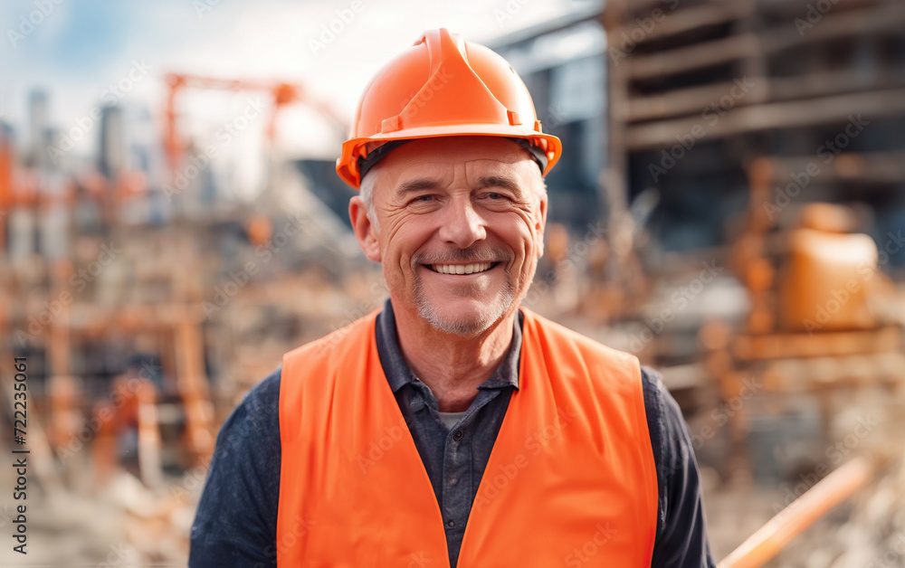 A builder in a hard hat and vest at a construction site. Вusiness, building, industry, technology and people concept - smiling builder in hardhat. A builder in a hard hat and vest at a construction site. Вusiness, building, industry, technology and people concept - smiling builder in hardhat.