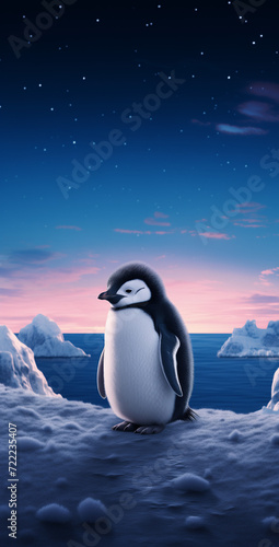 Beautiful baby pinguin standing on the ice in sunset. Natural concept.