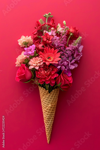 Pink, red and purple flowers in a waffle cone on a red background