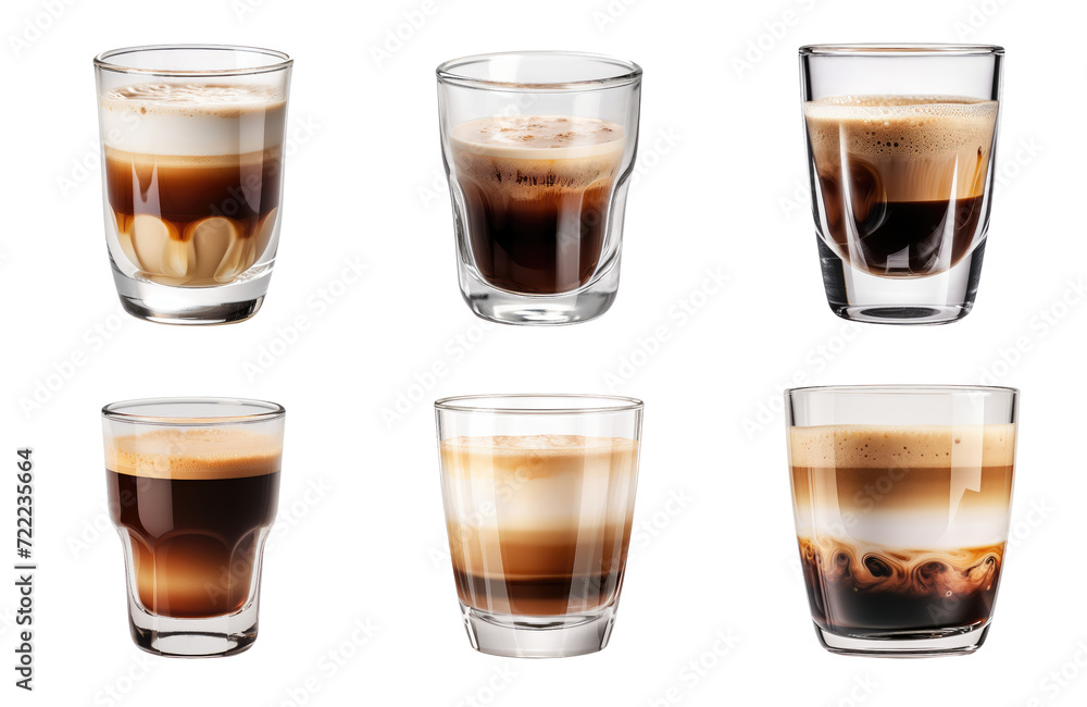 Collection of A striking image capturing espresso shots in a glass, set against a pristine white background, emphasizing the rich, dark tones of the coffee. Transparent background, PNG Collection of A striking image capturing espresso shots in a glass, set against a pristine white background, emphasizing the rich, dark tones of the coffee. Transparent background, PNG