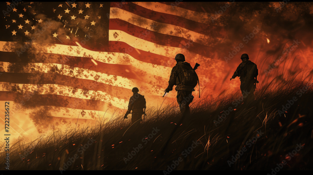 American Soldiers with American Flag in Background, Illustration of Freedom and War, Generative AI