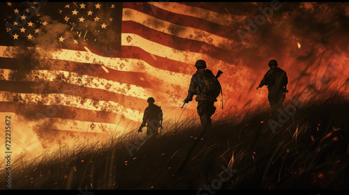 Obraz na płótnie American Soldiers with American Flag in Background, Illustration of Freedom and War, Generative AI w salonie