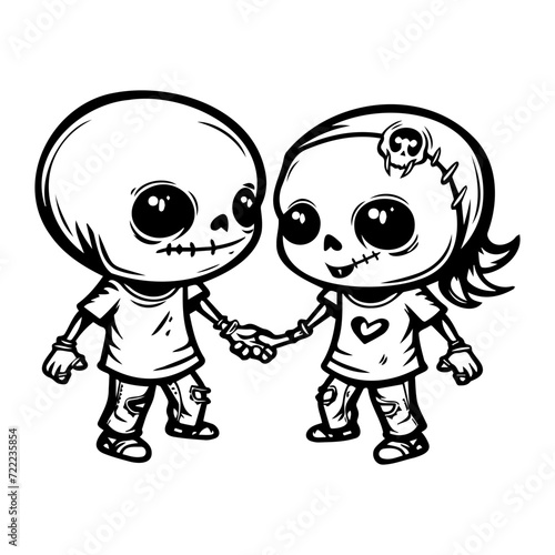 two cute Zombies holding hands and skipping