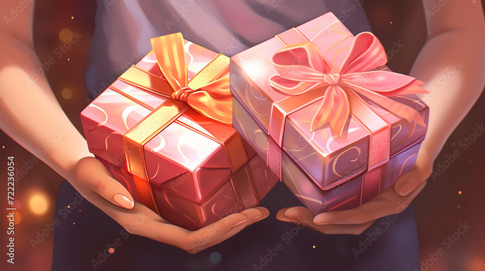 Portrait of a smiling woman giving a christmas gift box with purple ribbon Portrait of a smiling woman giving a christmas gift box with purple ribbon