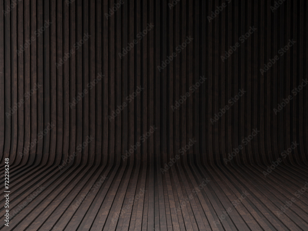 Acoustic dark wooden room, pattern background template, 3d illustration.