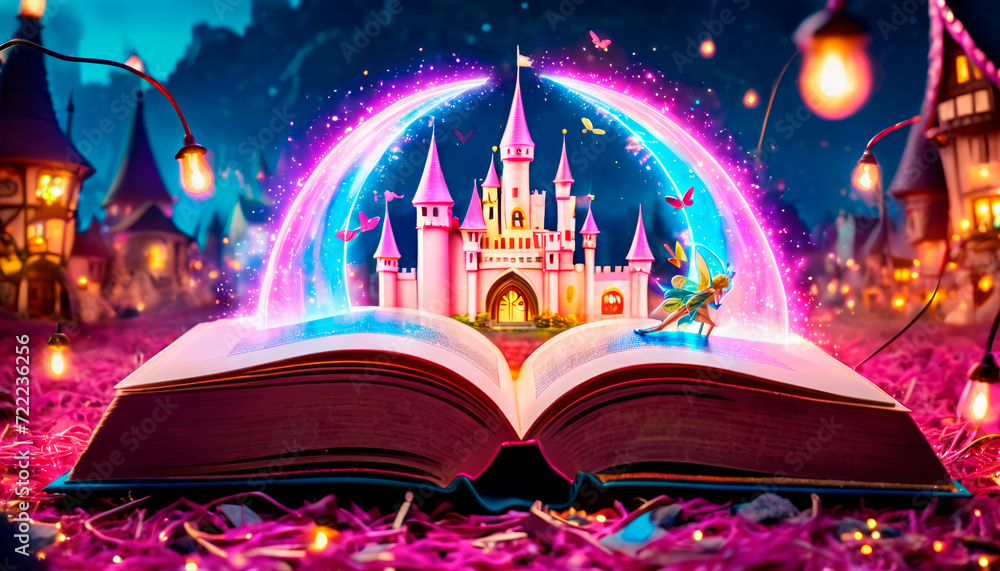 Pages of Magic Book: Castle and Fairy. - obrazy, fototapety, plakaty 