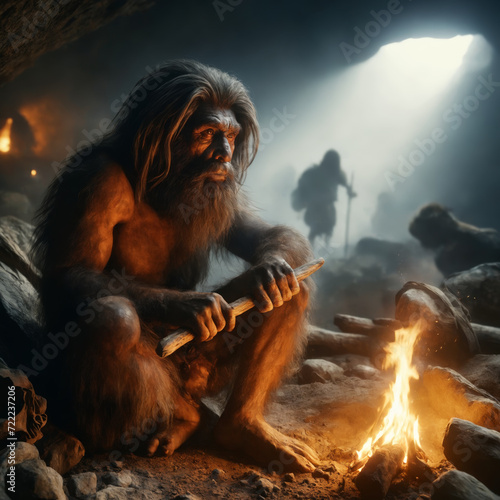 A primitive human figure with a wooden stick, sits by a fire in a cave, silhouettes of others are seen in the misty background. photo