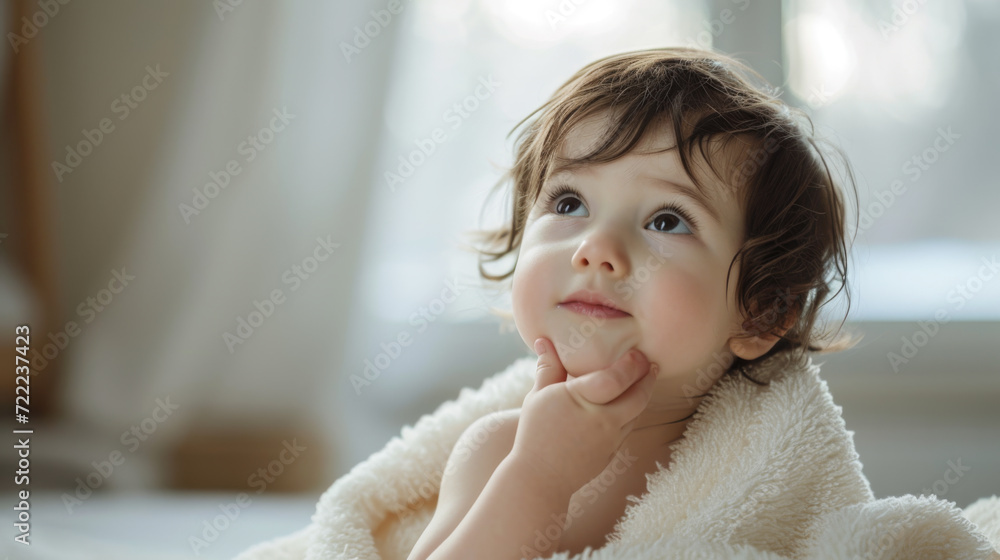 toddler wrapped in a white towel or blanket is looking upwards with a thoughtful or curious expression, bathed in soft, natural light toddler wrapped in a white towel or blanket is looking upwards with a thoughtful or curious expression, bathed in soft, natural light
