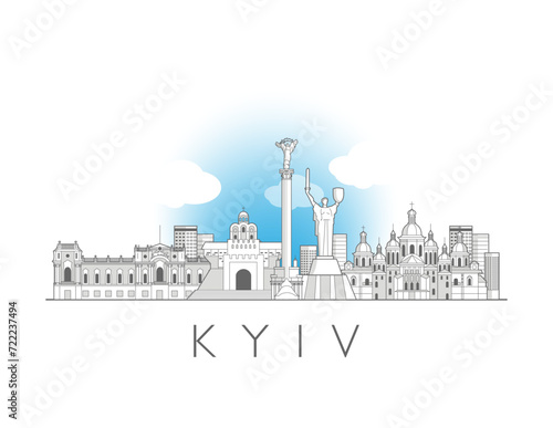 Kyiv, Ukraine cityscape line art style vector illustration