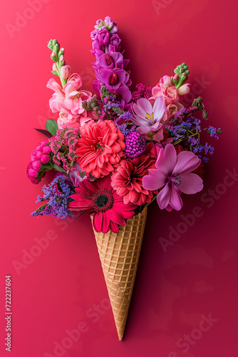 Pink, red and purple flowers in a waffle cone on a red background