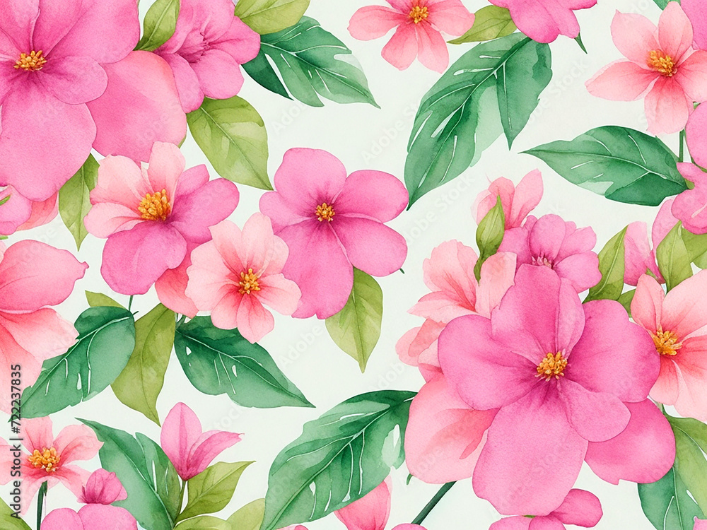 Watercolor seamless pattern with beautiful flowers and leaves white background