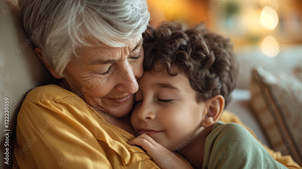 grandmother is embracing her young grandson with a tender smile