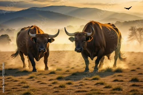 The bull in the field at sunset, and looks like he is willing to fight, repeat video photo