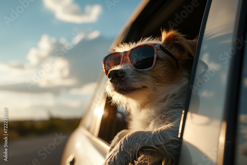Cool dog wearing sunglasses at road trip  stick out of car window