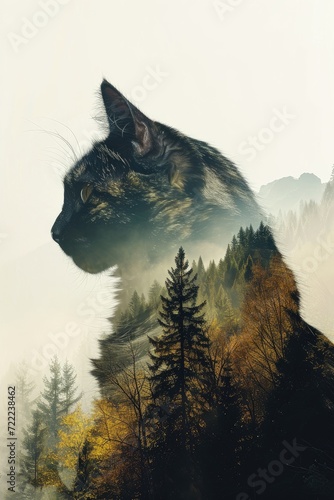 A majestic feline explores the misty forest, surrounded by towering trees and rugged mountains in this serene outdoor landscape