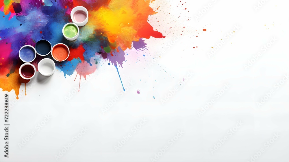 A colorful paint splatter background with paint buckets and copyspace - 16:9