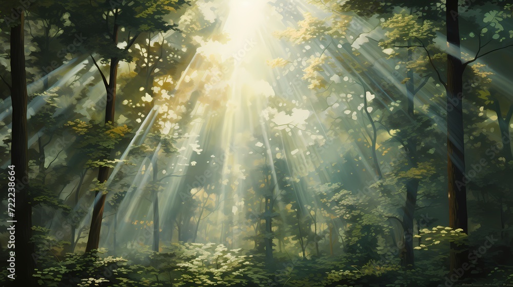 Abstract patterns created by sunbeams streaming through a dense forest canopy